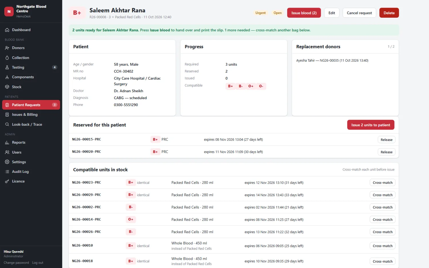 Patient request & cross-match